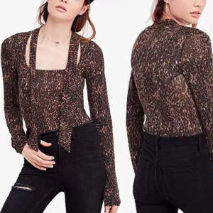 Free People Wild Thing Animal Print Long Sleeve Blouse 29107